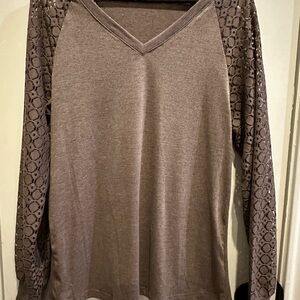 Brown V-Neck Top with Lace Sleeves